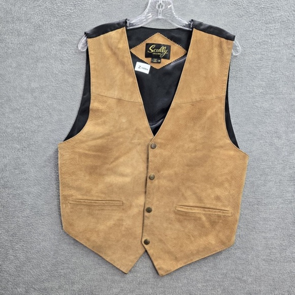 Scully Men Vest M Beige Black 504 Leather Western Sleeveless Pockets V Neck